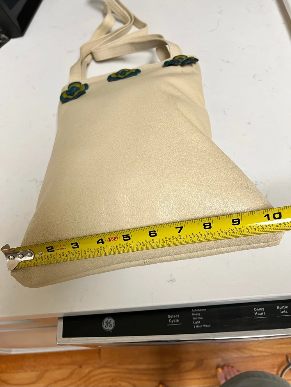 Beige Leather Tote with leather Blue Floral Appliqué